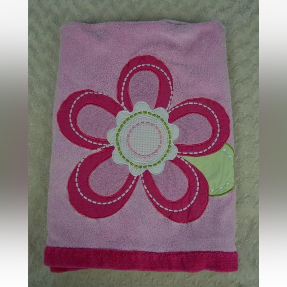 Tiddliwinks Big Pink Flower Baby Blanket White Green Security Lovey Large
